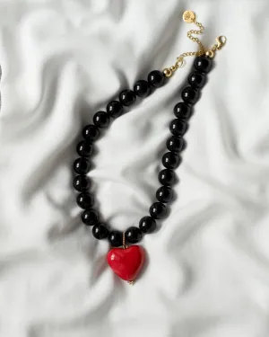 Намисто "Гаряче серце", чорний агат, червоне серце