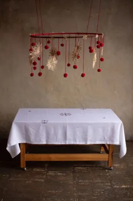 Скатертина, білий льон, 140х220 см, колекція "Сніжинки"