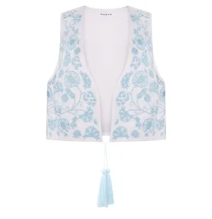 Жилет "Чортополох", вишивка блакитна, льон білий