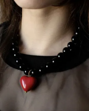 Намисто "Гаряче серце", чорний агат, червоне серце