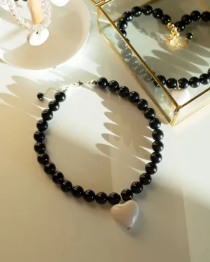 Намисто "Гаряче серце", срібло 925, чорний агат, біле серце