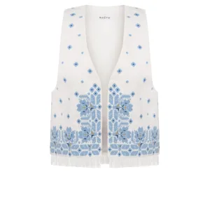 Жилет "Оксамитова ружа", вишивка блакитна, льон білий