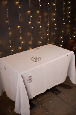 Скатертина, білий льон, 140х220 см, колекція "Сніжинки"