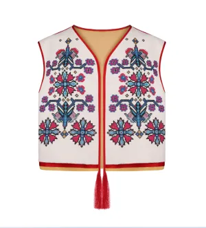 Жилет "Гойра" на молочному канвасі вкорочений (з червоним краєм)